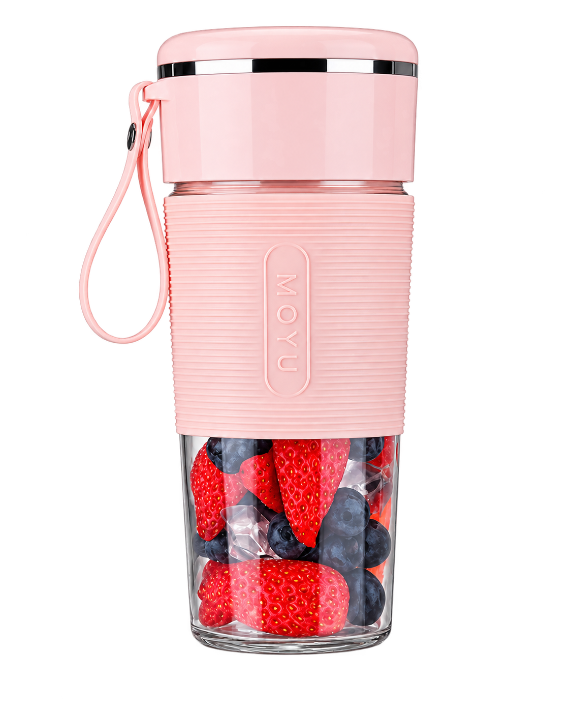 Pink Moyu bottle filled with strawberries and blueberries